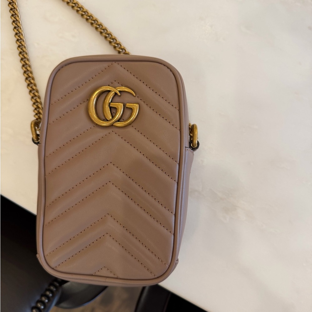 Gucci Taupe Matelassé Leather Small Crossbody with Gold GG